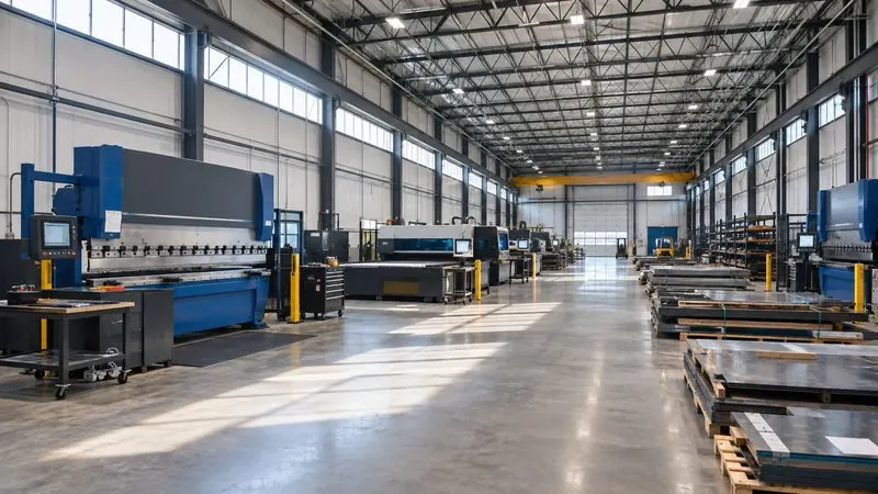 Long fabrication shop floor with work bays and overhead cranes