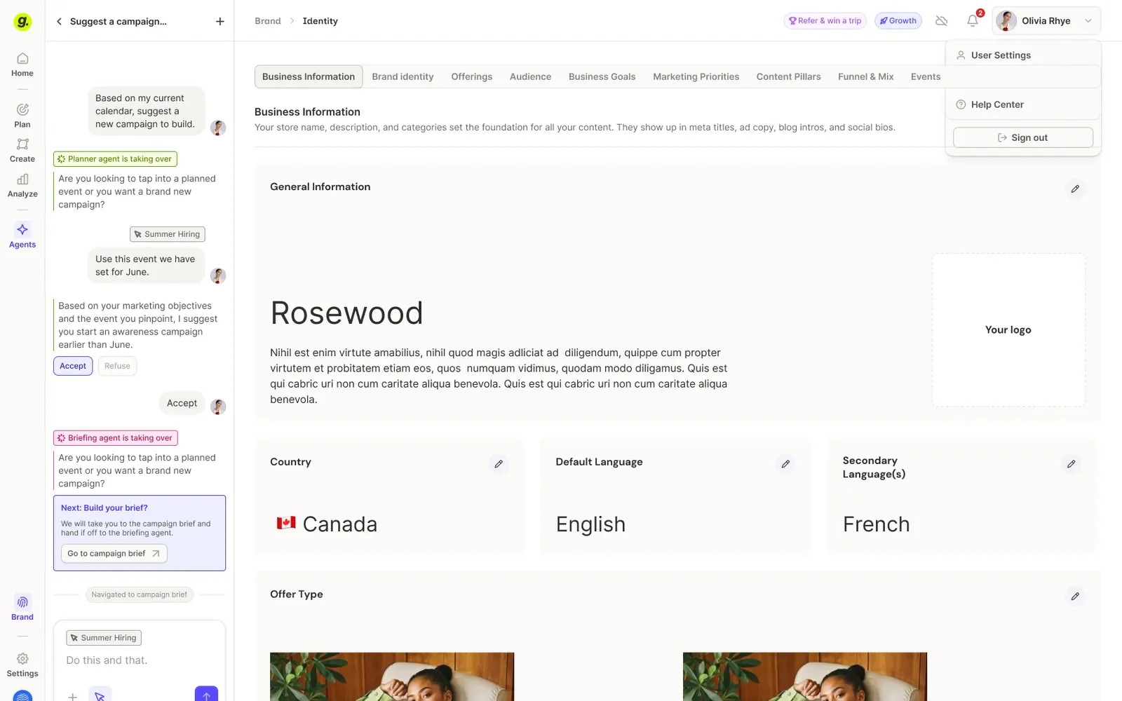Glowtify's brand identity screen showing business information, offerings and audience