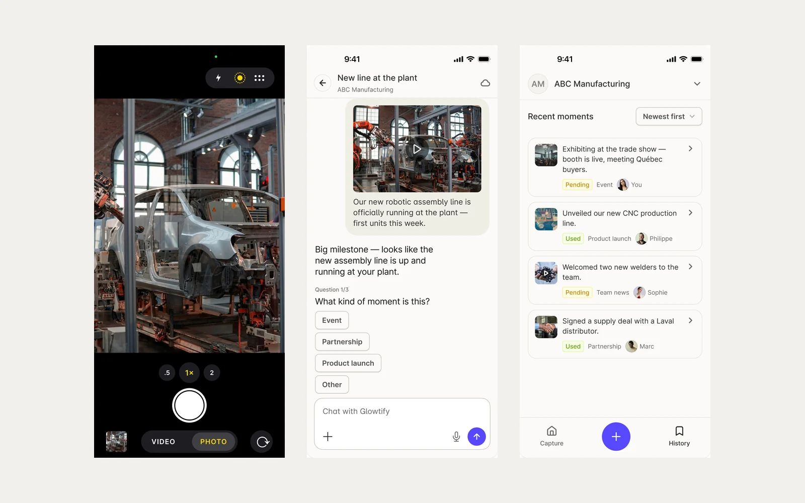 Three screens of the Glowtify mobile app: the camera, the questions about a moment, and the history of recent moments