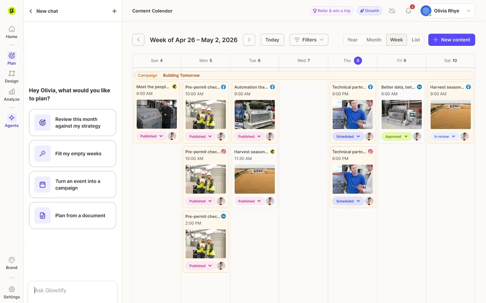 The Glowtify content calendar with a planner agent proposing drafts for the week