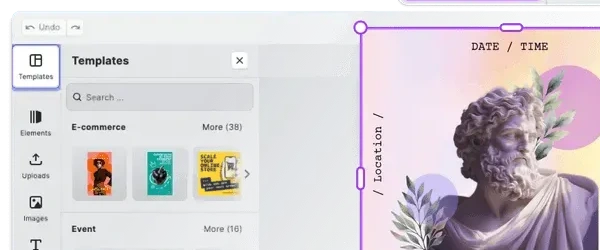 The template panel open beside a design, with layouts grouped by category