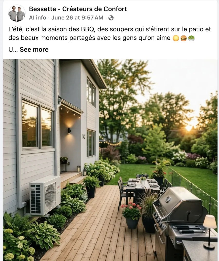 Bessette Facebook post: summer BBQ season, with a backyard heat pump keeping the patio comfortable