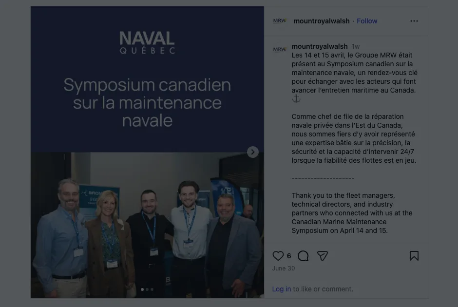 MRW Group Instagram carousel from the Canadian marine maintenance symposium with Naval Québec