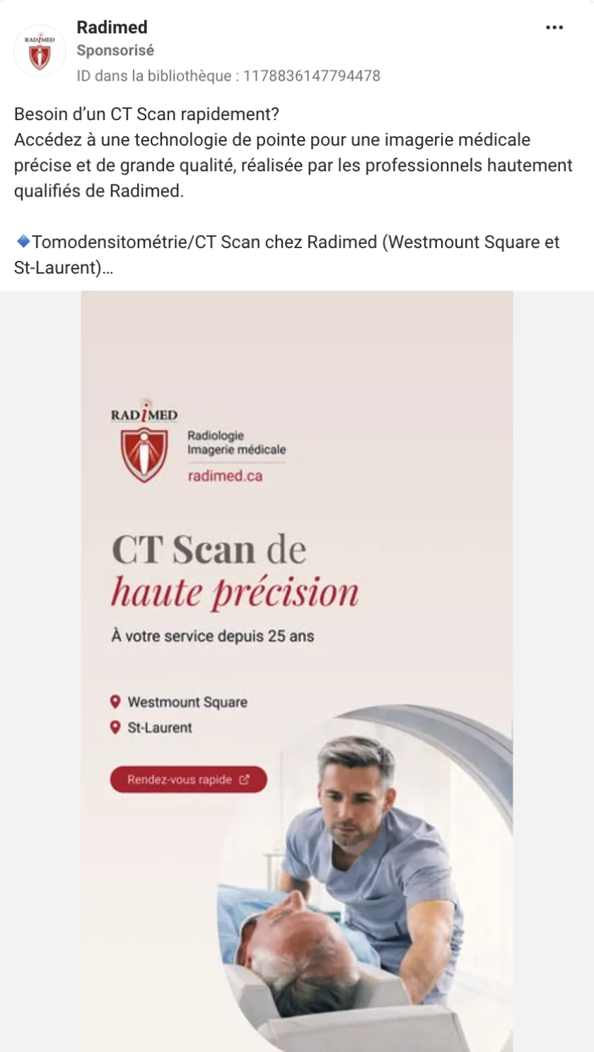 Radimed sponsored Facebook ad: high-precision CT scan with quick booking