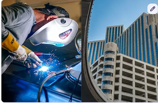 A welder at work and a building under construction